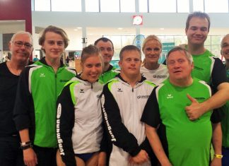 Jakob Dreesmann, Leiter der Lebenshilfe-Sportgruppe; Malte Vander, Betreuer; Nena Schiefer, Matthias Ressing, Oliver Wagener, Nicole Fangmann, Übungsleiterin; Peter Schulz, Daniel Hensch, Jens Langhoff. Foto: Lebenshilfe