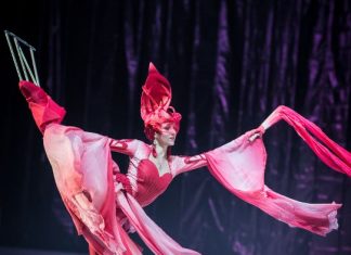 Eine Künstlerin gleitet auf Stelzen-Kufen über das Eis. Foto: Circus on Ice