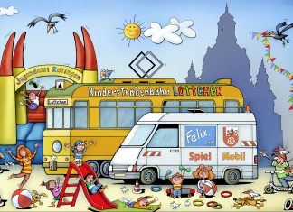 Der in Berlin lebende Künstler Valeriu Kurtu hat die Jugendamtsfreundschaft zwischen der Dresdner Kinderstraßenbahn "Lottchen" und dem Ratinger Spielmobil "Felix" ins Bild gesetzt.