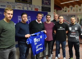 BU: Stefan Markowicz, Alex Markowicz, Abteilungsleiter Christopher Bauer, Philipp Liesebach, Co-Trainer Stefan Graedtke, Torben Schirner und Trainer Christian Paul. Foto: TBW