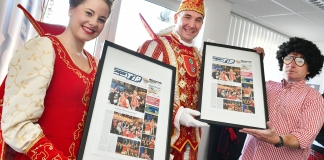 Viel Berichterstattung über den Karneval ist ein Wunsch des Prinzenpaares und die gibt es auch. Beim Besuch in der Super-Tipp-Redaktion zusätzlich in Form einer eigenen Titelseite, die Geschäftsstellenleiter Martin Wachhold überreichte. Foto: Mathias Kehren