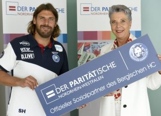 Andrea Büngeler (Landesgeschäftsführerin des Paritätischen NRW) und BHC-Botschafter Sebastian Hinze freuen sich auf die vielfältigen Projekte der Sozialpartnerschaft. Foto: Andreas Fischer/Bergischer HC