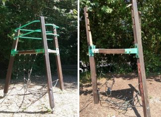 Der Kletterturm in seinem ursprünglichen Zustand und nach der Verwüstung. Fotos: Stadt Wülfrath