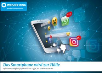 Der Weisse Ring betreibt aktive Opferhilfe und fordert die Verbesserung rechtlicher und sozialer Situationen von Kriminalitätsopfern. Bild: Weisser Ring (Broschüre "Das Smartphone wird zur Hölle" - Cybermobbing bei Jugendlichen. Tipps für Eltern & Lehrer)