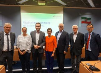 Der alte und neue Vorstand und die Geschäftsführung. v.li.n.r. Uli Gaßmann, pädagogischer Geschäftsführer, Barbara Scheenaard, Wolfgang Dyck, Nicole Reinhold-Dünchheim, 1. Vorsitzende, Stephan Brune, stellv. Vorsitzender, Johannes Dirks, Marius Bartos, kaufm. Geschäftsführer. Nicht auf dem Bild: Elke Klingbeil. Foto: Lebenshilfe