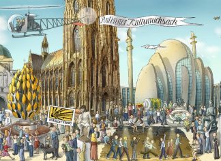 Der Kölner Künstler Christoph Baum hat die interessantesten Ziele der beliebten Ratinger Kulturrucksack-Ausflüge der letzten Monate in einem Wimmelbild verewigt. Bild: Stadt Ratingen