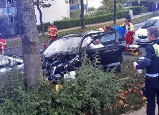 Beim Aufprall auf den Baum wurde die Front des Skoda total zerstört. Die Fahrerin musste schwer verletzt in ein Krankenhaus eingeliefert werden. Foto: Feuerwehr