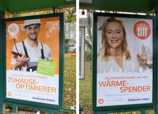 Zwei Plakate aus der neuen Stadtwerke-Kampagne sind an Bushaltestellen im Velberter Stadtgebiet zu sehen. Foto: Stadtwerke