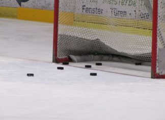 Mehrere Eishockey-Pucks liegen in einem Tor. Foto: Ice Aliens/Archiv