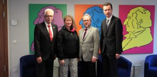 Präsident Landrat Thomas Hendele, Kreis Mettmann, Staatssekretärin Andrea Milz, Vizepräsident Landrat Dr. Ansgar Müller, Kreis Wesel, Hauptgeschäftsführer Dr. Martin Klein. Foto: Kreis ME
