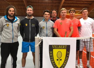 Die ersten NBV-Herren, Sascha Hesse, Tom Schönenberg, Louis Kaun, Mark Joachim, Fyn Franke, Eric Baum und Tom Tillger, haben es geschafft: In der Winter-Medenspielrunde steigen sie von der ersten Verbandsliga in die höchste deutsche Spielklasse, die Niederrheinliga auf. Foto: privat