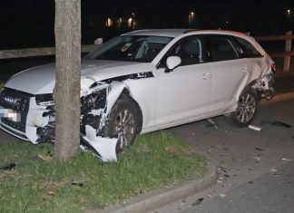 Der Audi wurde im Heckbereich von dem Golf erfasst und in einen Baum geschoben. Foto: Polizei