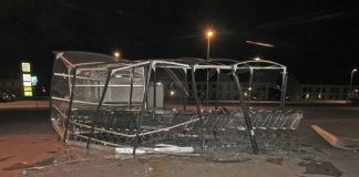 Ein schwarzer BMW rammte diesen Einkaufswagen-Unterstand mit großer Wucht. Foto: Polizei