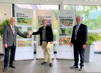 Landrat Thomas Hendele (l.) überreicht die Auszeichnung im Beisein von Klaus Pesch (r.), Ratinger Bürgermeister, an Dr. Dr. Axel Zweck. Foto: Kreis Mettmann