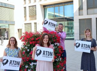 Gemeinsam für ein nachhaltiges Ratingen (von links): Lena Steinhäuser (Projektkoordinatorin Kommunale Entwicklungspolitik), Julia Merkelbach von Ratingen.nachhaltig e.V., Fahrradbeauftragter Martin Willke und Klimaschutzmanagerin Elena Plank. Foto: Stadt Ratingen