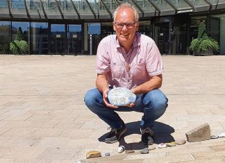 Landtagsabgeordneter Martin Sträßer legt Wunsch-Steine zum Weltkindertag gerne in der Steinkette am nordrhein-westfälischen Landtag ab. Foto: PR Martin Sträßer MdL