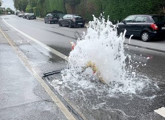 Wasser schoß in einer Fontäne in die Höhe - der Autofahrer fuhr dennoch weiter. Foto: Polizei