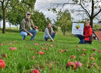 Landwirt Kurt Papenhoff und Anwohnerin Kerstin Ehrenbogen sind für den „vorbildlichen Streuobstbestand“ am Gut Zehnthof von Jutta Schmolke (Netzwerk Streuobstwiesnschutz NRW) ausgezeichnet worden. Foto: Mathias Kehren
