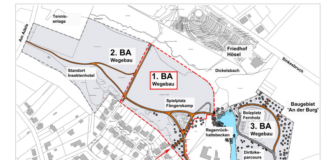 Die Wegebauarbeiten im Grünzug Fernholz werden in drei Bauabschnitten durchgeführt. Der erste Abschnitt (rot umrandet) im Bereich um den Spielplatz Fängerskamp soll bis Ende Juni fertiggestellt sein. Übersichtsplan: Stadt Ratingen
