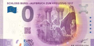 Zu Beginn der Einführung von 0-Euro-Souvenirscheinen auf Schloss Burg hatte wohl niemand damit gerechnet, dass die Scheine eine so große Sammlergemeinschaft hervorbringen würden. Mit Schein Nr. 14 greift der Schlossbauverein wieder ein Motiv aus der Reihe der Wandgemälde im Rittersaal auf: Der Aufbruch zum Kreuzzug aus dem Jahr 1217 ist hinter der Ansicht von Schloss Burg dargestellt. Bild: Schlossbauverein Burg