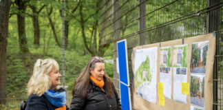 Silke Dietz von der AWO und Claudia Andraczek vom TSV Hochdahl begutachten die Pläne für die neue Calisthenics-Anlage in der Sandheideam Tag der Städtebauförderung. Foto: Takigraphy