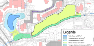 Die Grafik veranschaulicht die Modellberechnung zur Neugestaltung des Stadtweihers mit einer reduzierten Wasserfläche von rund 9.500 Quadratmetern, womit eine langfristig stabile Wasserfläche erreicht werden könnte. Eine finale Lösung zur Neugestaltung ist dies jedoch noch nicht. Grafik: Ingenieurbüro Beck