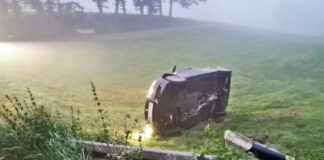 Der junge Fahrer ist bei Nebel in einer Kurve von der Windrather Straße in Velbert-Neviges abgekommen. Sein Fahrzeug wurde von der Leitplanke regelrecht in die Luft katapultiert und blieb auf dem Dach liegen. Foto: Polizei