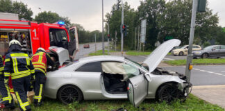 Der Audi kam nach der Kollision mit einem Blitzer an einem Ampelmast zum Stehen. Foto: Polizei