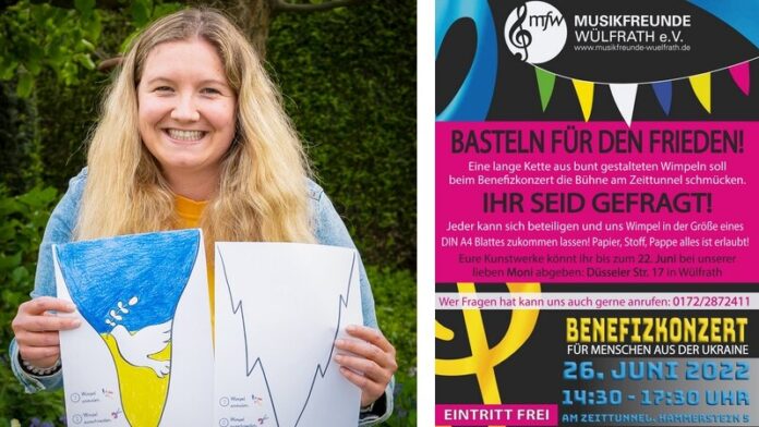 Lea Pulst mit einem von ihr gestalteten Wimpel und einer Wimpel-Vorlage - und das Plakat zur Aktion. Foto: Musikfreunde/Grafik: dlux-duesseldorf