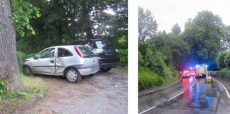 Einsatz in Erkrath: Ein Auto krachte gegen einen Baum. Fotos: Polizei