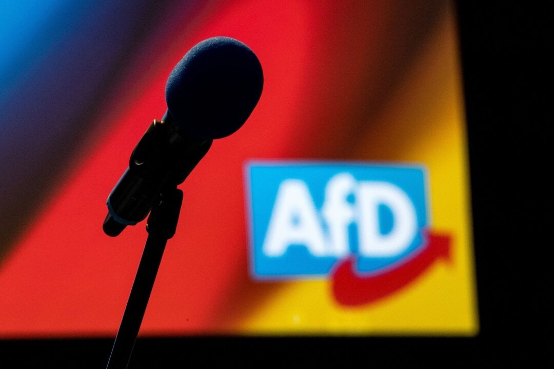 Ein Mikrofon steht vor einem AfD-Logo.