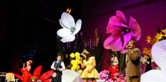 Lene Dax, Dennis Bodenbinder, Sven Seeburg (hinten), Trixi Strobel, Janina Sachau (hinten), Stefan Migge, Silvia Weiskopf (hinten) in der Inszenierung "Bunbury - Ernst ist das Leben" von Oscar Wilde. Foto: Birgit Hupfeld