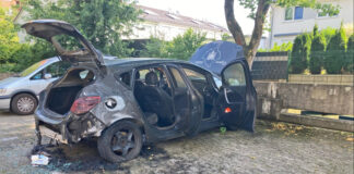 Das Autowrack nach den erfolgreichen Löscharbeiten der Feuerwehr. Foto: Polizei