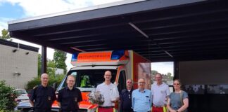 Verabschieden Dirk Löffler (mitte): René Schubert, David Marten, Heiko Breidenbach, Holger Kirchmann, Thorsten Winking, Melanie Sander Foto: FW Ratingen