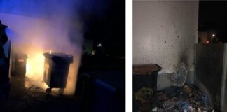 Die brennende Mülltonne und die Schäden nach den Löschmaßnahmen. Fotos: Polizei