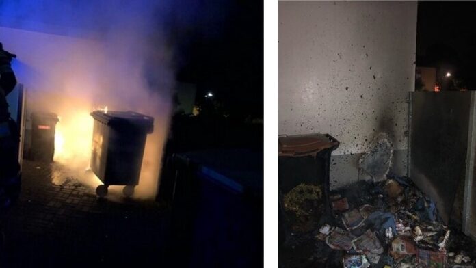 Die brennende Mülltonne und die Schäden nach den Löschmaßnahmen. Fotos: Polizei