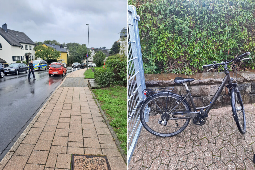 Auf dem dunkel gepflasterten Teil des Gehwegs kam der Fahrradfahrer zu Fall. Er zog sich dabei schwere Kopfverletzungen zu. Sein Fahrrad stellte die Polizei sicher. Fotos: Polizei