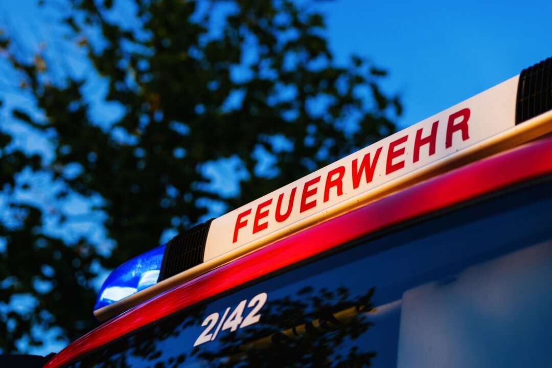 Einsatzfahrzeug der Feuerwehr Ein Blaulicht leuchtet auf dem Dach eines Einsatzfahrzeugs der Feuerwehr.