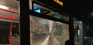Die beschädigte Scheibe des Busses. Foto: Polizei
