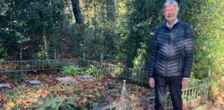 Vize-Baas Guido Multhaupt neben der Grabstätte der Familie Brügelmann im Poensgenpark. Foto: Ratinger Jonges