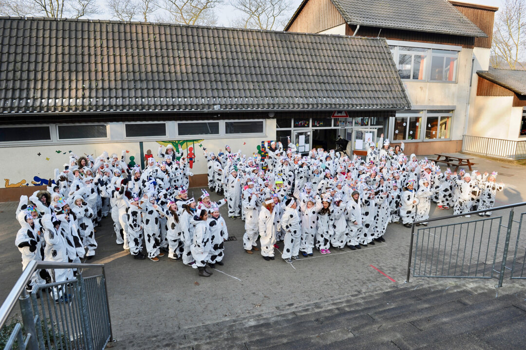 An der Grundschule Kuhstraße wird dieses Jahr gefeiert. An Ideen mangelt es in der Langenberger EInrichtung nicht: Ein Beispiel dafür ist die Karnevalsaktion 2018 als alle Kinder in Kuh-Kostümen die Buchstaben "KUH" vor ihrer Schule bildeten. Atchivfoto: privat