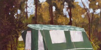 Jan Stieding, „Zelt mit Vorleger“, 1999, Öl auf Leinwand, 160 x 200 cm, © VG Bild-Kunst, Bonn 2023
