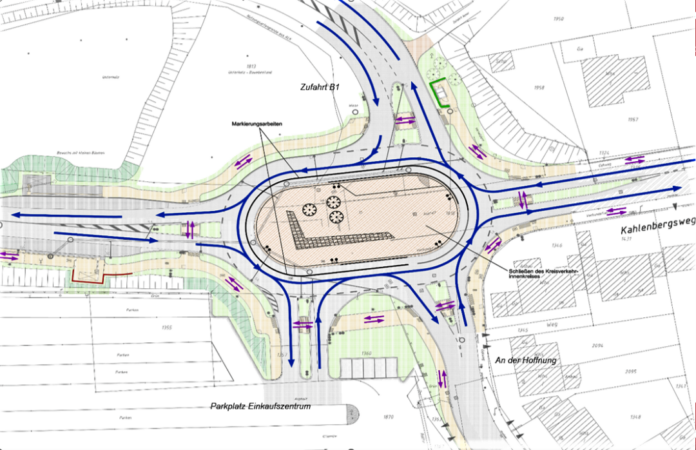 Am Ende der zehnten Bauphase, die im Herbst 2024 erreicht werden soll, wird der Verkehr durch den neuen, fünfarmigen Kreisverkehr geführt. Plan: Stadt Ratingen