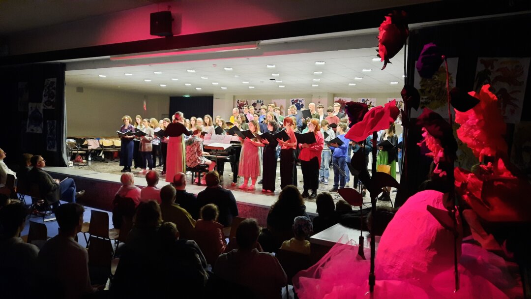 Die Schülerinnen und Schüler singen gemeinsam auf der Bühne. Foto: Schule