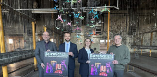 Axel Biermann (Geschäftsführer Ruhr Tourismus), Dr. Oliver Klatt (Referent für Bildung, Wissenschaft, Kultur der RAG-Stiftung), Sandra Nierfeld (Geschäftsführerin RAG Montan-Immobilien), Bernd Lohse (Geschäftsführer Neue Zeche Westerholt). Foto: Ruhr Tourismus/Nina Dolezych