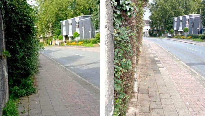 Die beiden Fotos zeigen den Zustand vor der Meldung und die Ausbesserung durch die Stadt Erkrath. Fotos: Sabine Börner