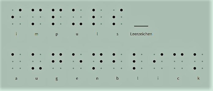 „Impuls Augenblick“ nennt sich die neue Selbsthilfegruppe - in Brailleschrift schreibt sich der Name so wie auf dem Bild. Foto: VIBRA e.V.