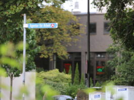 Ein Schild weist den Weg zur Agentur für Arbeit. Foto: Volkmann