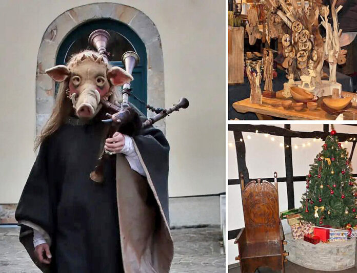 An der Vorburg greift auch wieder das musikalische Tier zum Blassinstrument, wenn beim mittelalterlichen Weihnachtsmarkt der Weihnachtsmann in Braun und Grün erscheint. Fotos: Marktgilde