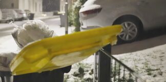 Mülltonnen im Schnee bei Nacht.